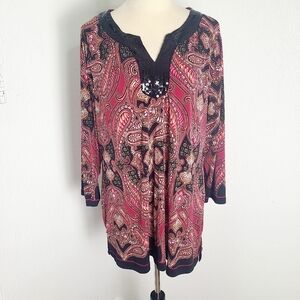 JM Collection Red & Black Paisley Print Top, Black Sequin Neckline, Size XL